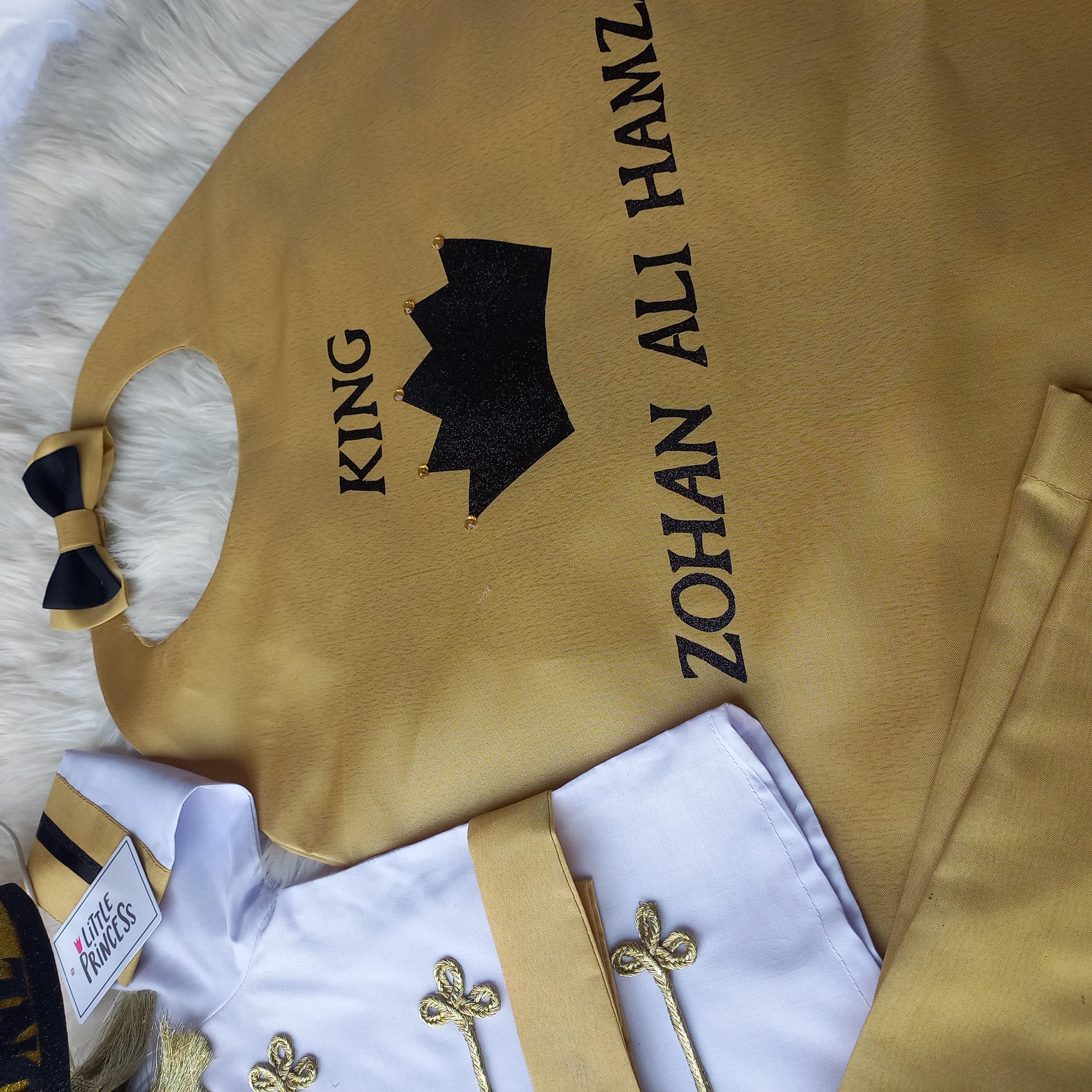 Golden Prince Dress (5 Piece) – handmade boys outfit, uniform shirt with silk trousers and cape, made to order in Pakistan