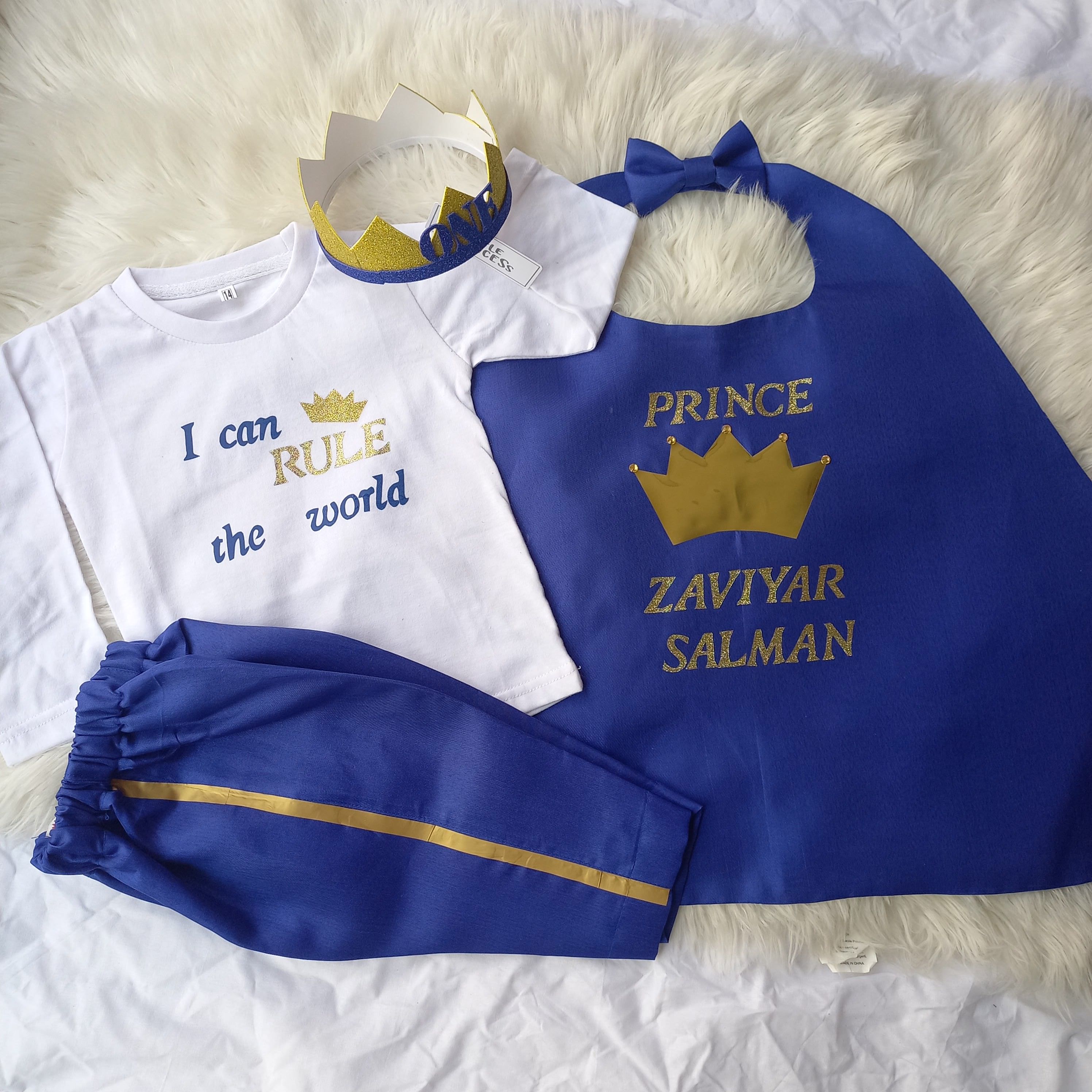 Blue Prince Dress (4 Pieces) – handmade boys outfit, cotton shirt with silk trousers and cape, made to order in Pakistan
