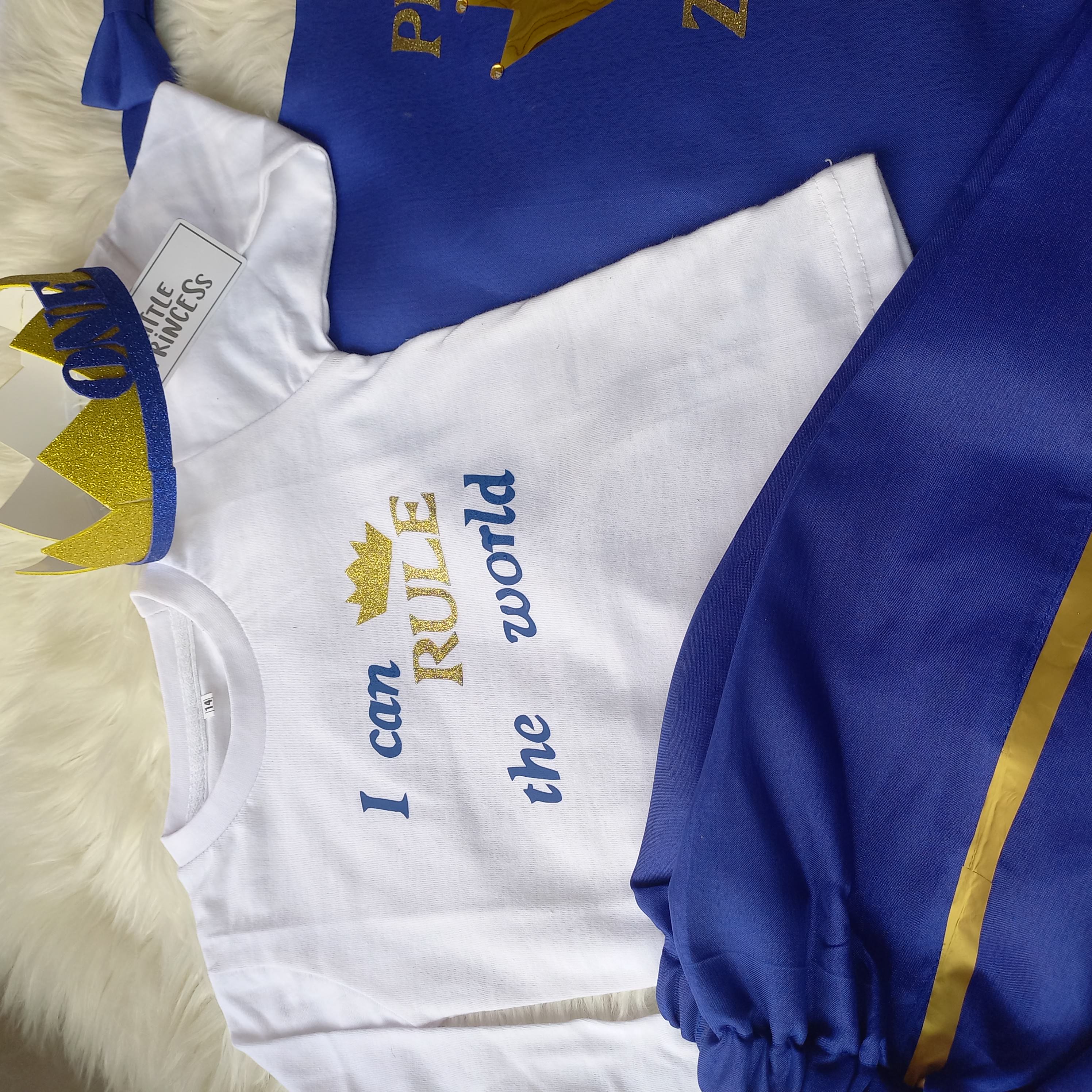 Blue Prince Dress (4 Pieces) – handmade boys outfit, cotton shirt with silk trousers and cape, made to order in Pakistan