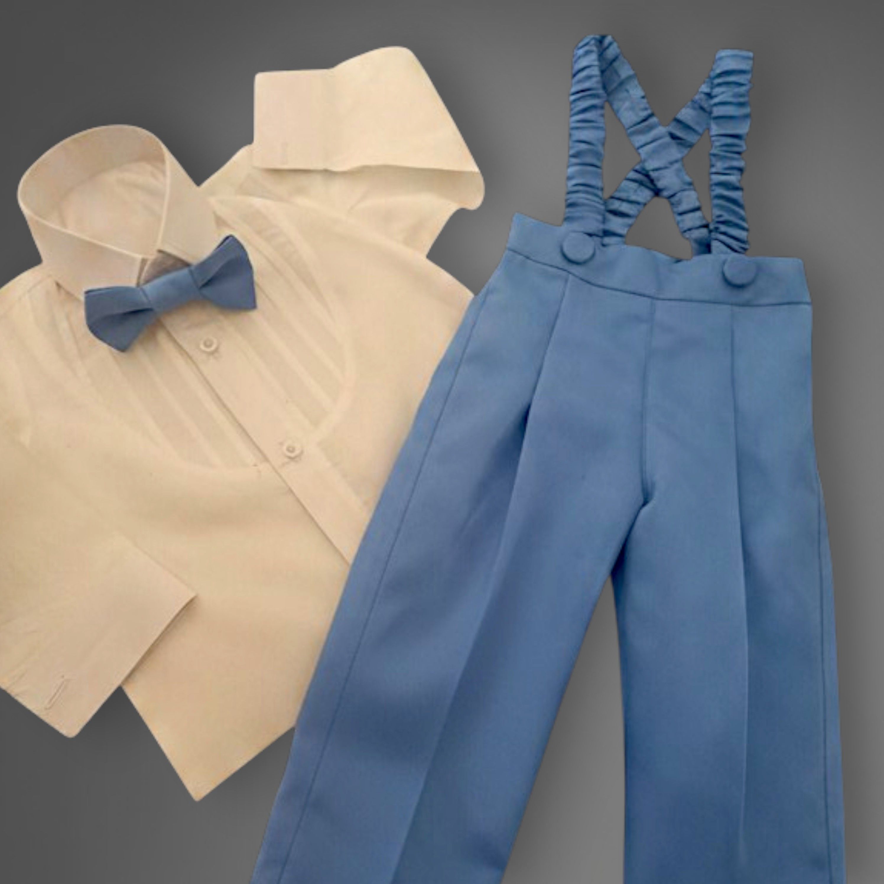 Blue Gentleman Set – handmade boys outfit, cotton shirt with silk suspender pants, made to order in Pakistan