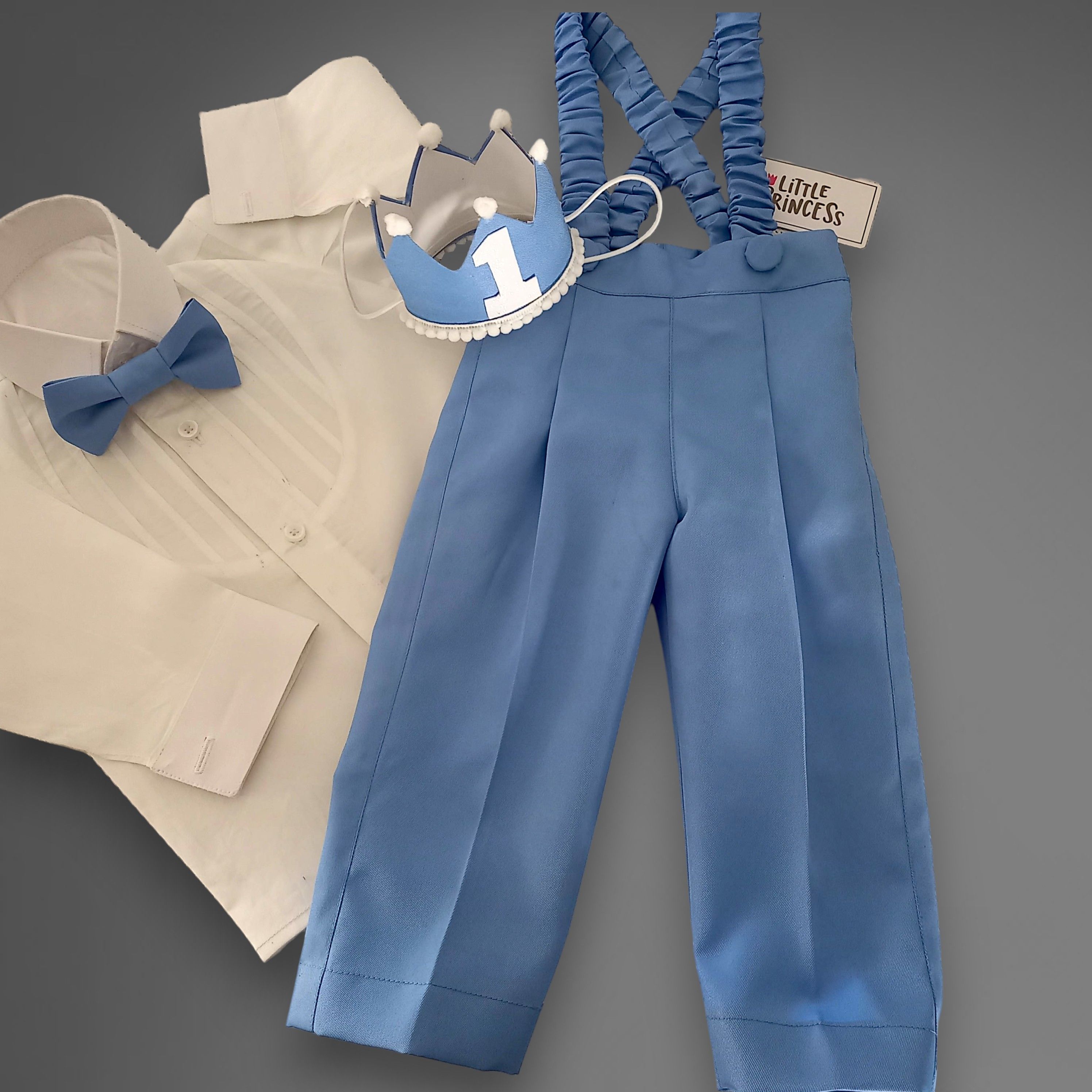Blue Gentleman Set – handmade boys outfit, cotton shirt with silk suspender pants, made to order in Pakistan