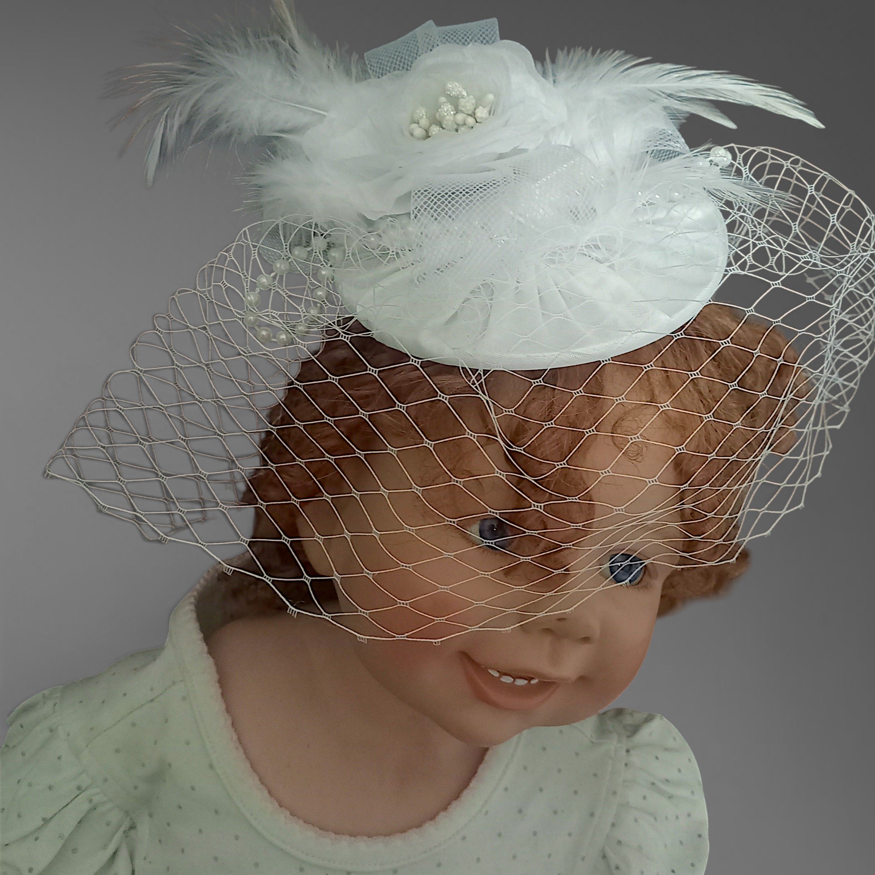 Vintage White Birdcage Fascinator – handmade girls outfit, made to order in Pakistan