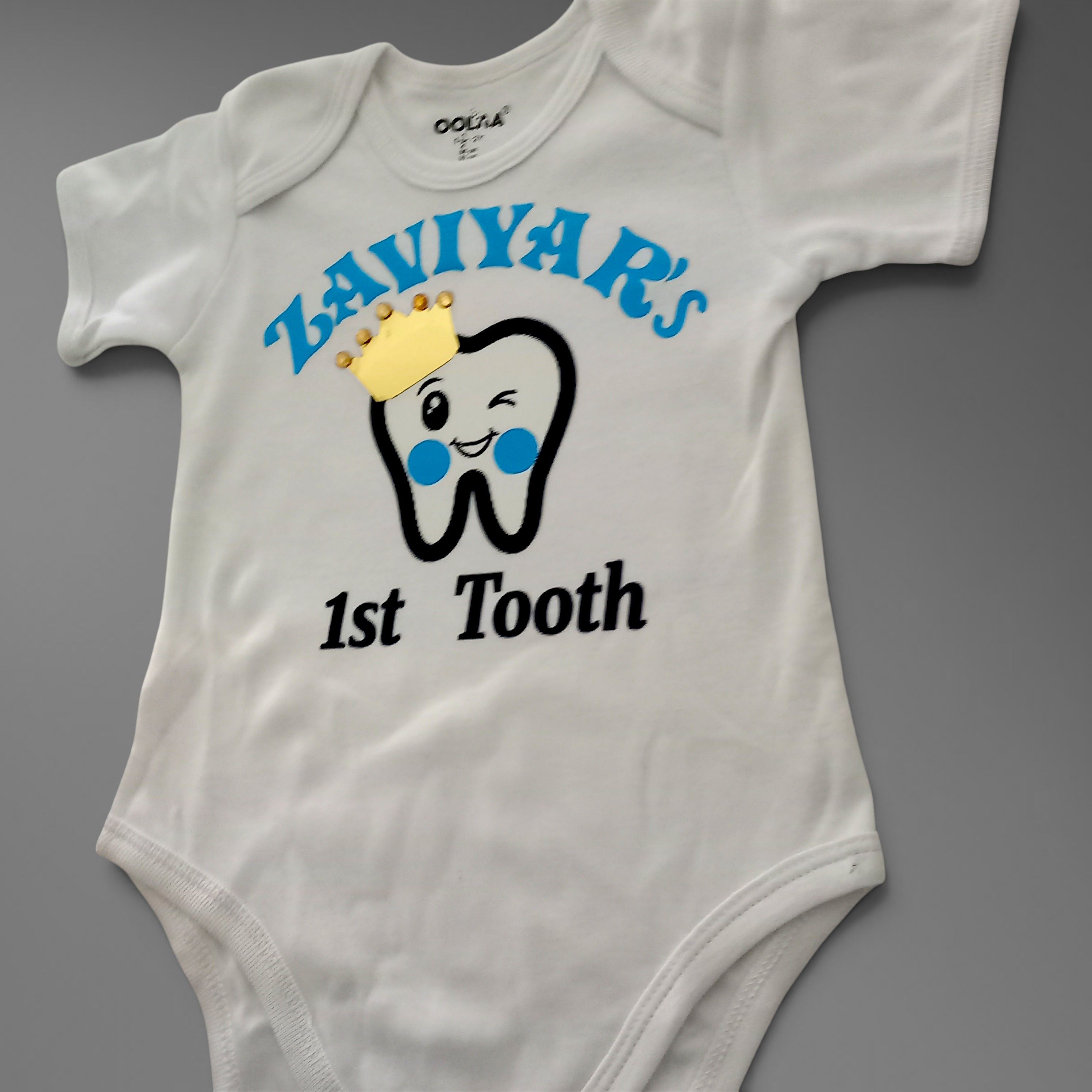 First Tooth Romper – handmade baby outfit, soft cotton throughout, made to order in Pakistan