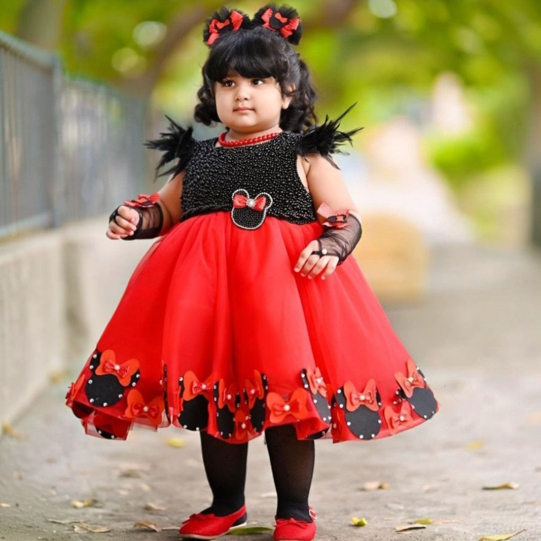 Beaded Mickey Mouse Costume – handmade girls outfit, silk and net dress with bead work, made to order in Pakistan
