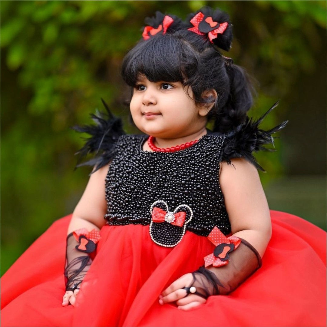 Beaded Mickey Mouse Costume – handmade girls outfit, silk and net dress with bead work, made to order in Pakistan