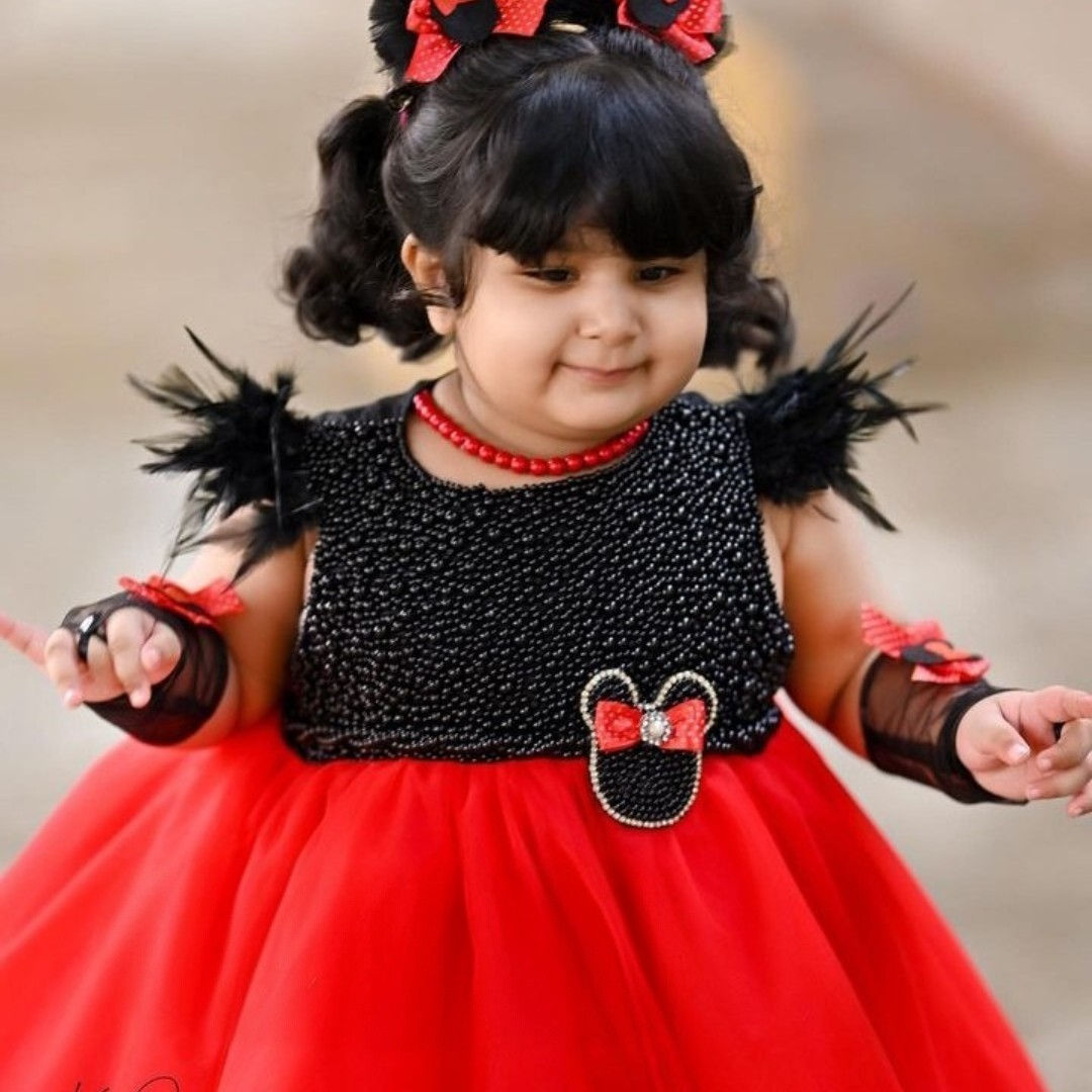 Beaded Mickey Mouse Costume – handmade girls outfit, silk and net dress with bead work, made to order in Pakistan