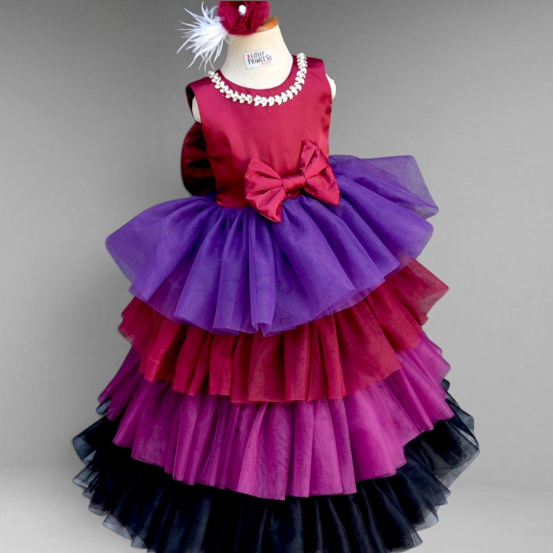 Multi Tier Ruffled Gown – handmade girls outfit, silk body and layered net ruffles, made to order in Pakistan