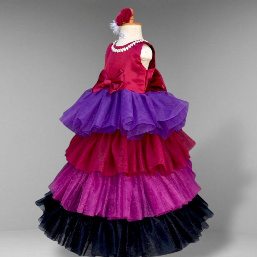 Multi Tier Ruffled Gown – handmade girls outfit, silk body and layered net ruffles, made to order in Pakistan