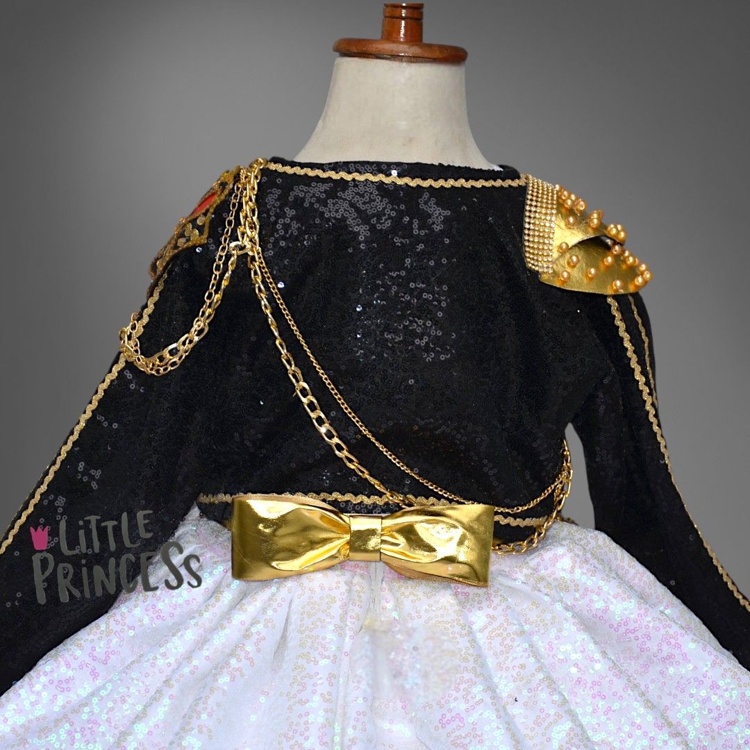 Huntrix Performance Dress – handmade girls outfit, silk sequin dress with a net hem and chained sequin jacket, made to order in Pakistan