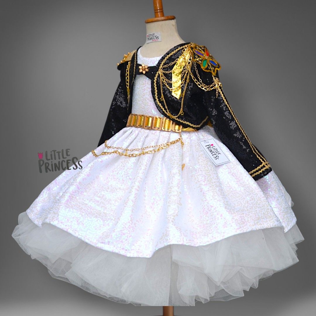 Huntrix Performance Dress – handmade girls outfit, silk sequin dress with a net hem and chained sequin jacket, made to order in Pakistan