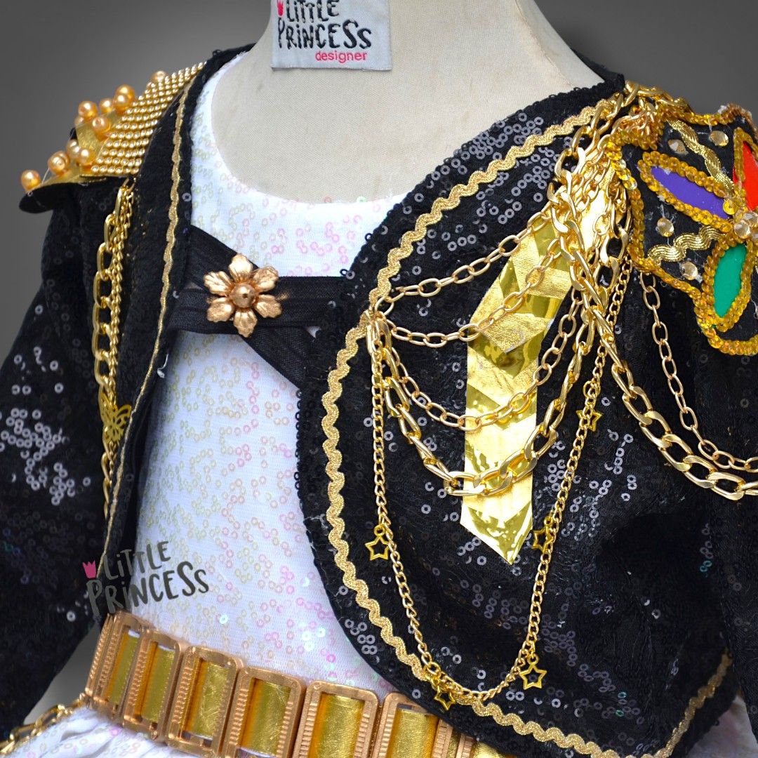 Huntrix Performance Dress – handmade girls outfit, silk sequin dress with a net hem and chained sequin jacket, made to order in Pakistan