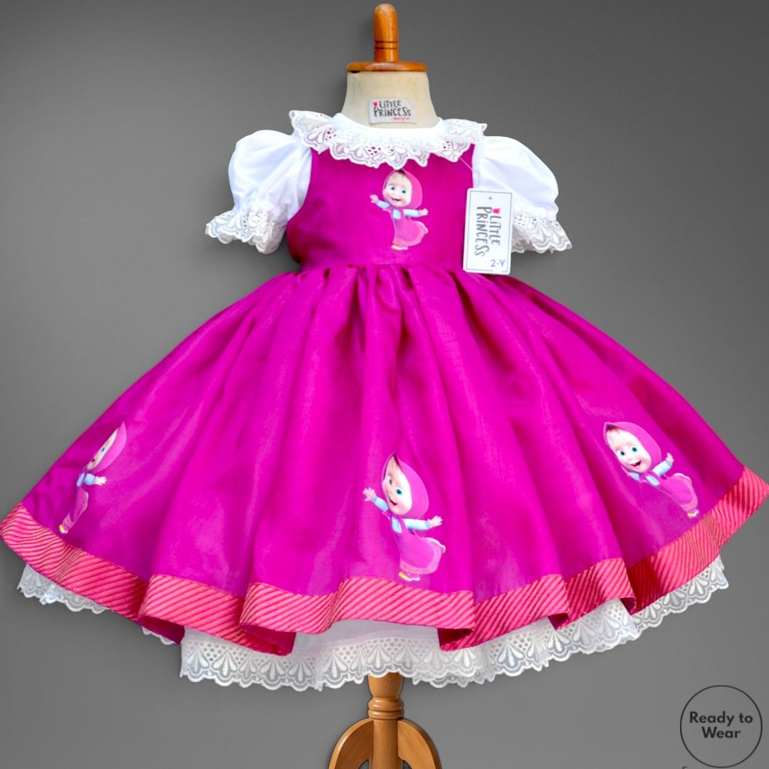 Masha and the Bear Dress – handmade kids outfit, cotton shirt with a silk frock, made to order in Pakistan