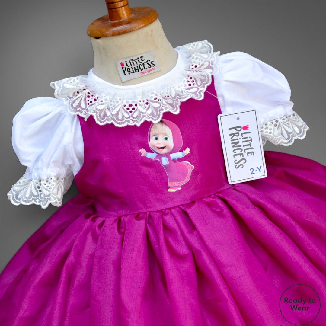 Masha and the Bear Dress – handmade kids outfit, cotton shirt with a silk frock, made to order in Pakistan