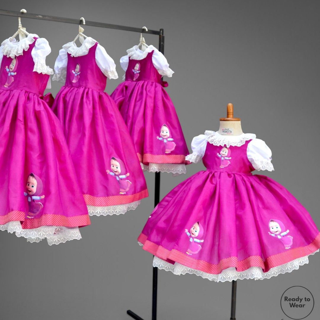 Masha and the Bear Dress – handmade kids outfit, cotton shirt with a silk frock, made to order in Pakistan