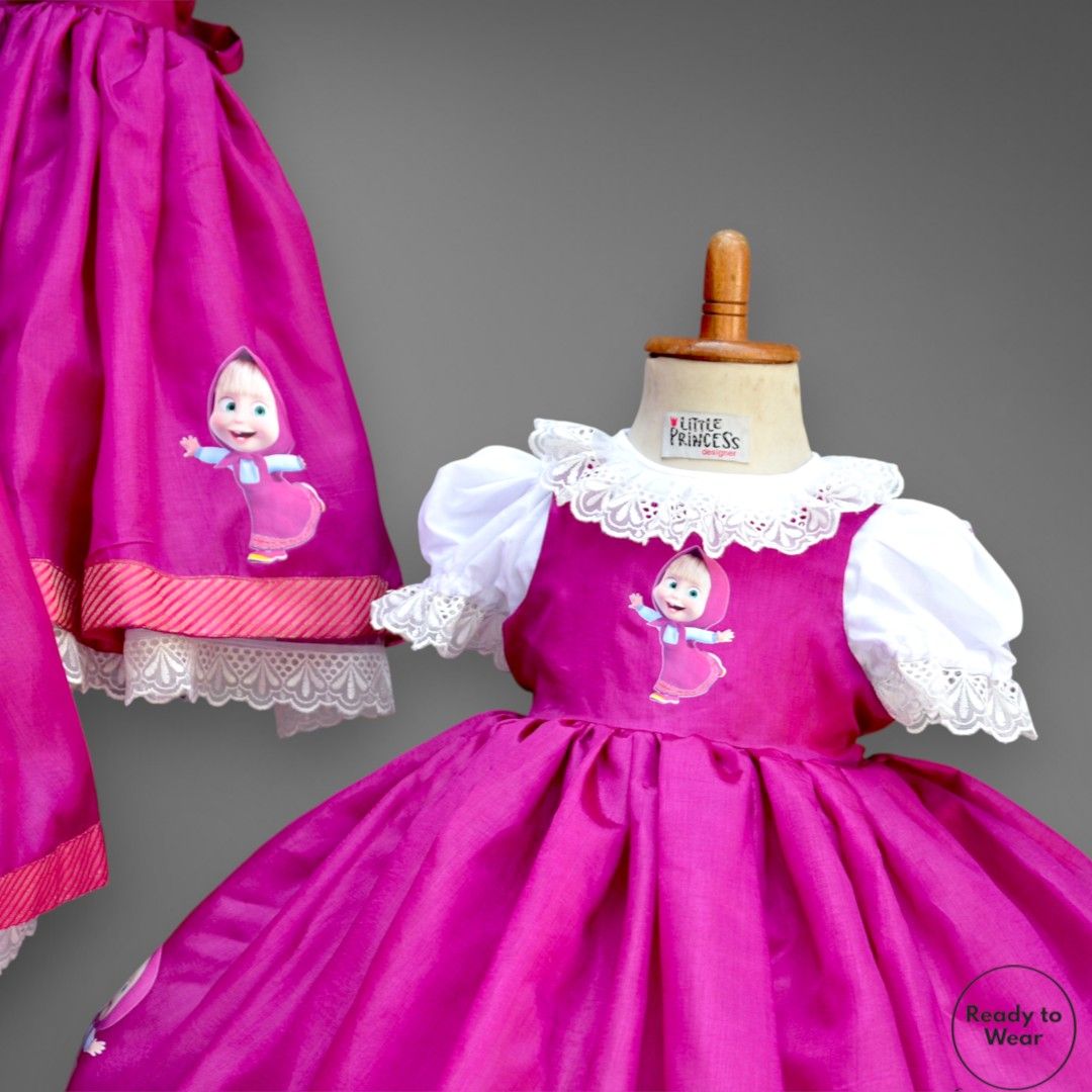 Masha and the Bear Dress – handmade kids outfit, cotton shirt with a silk frock, made to order in Pakistan