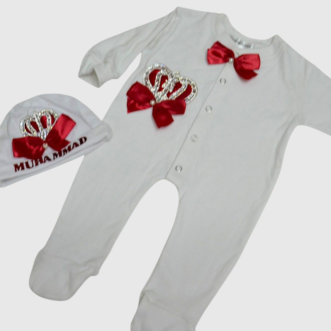 Muhammad Baby Romper with Pillow – handmade kids outfit, soft cotton with red trim across all pieces, made to order in Pakistan