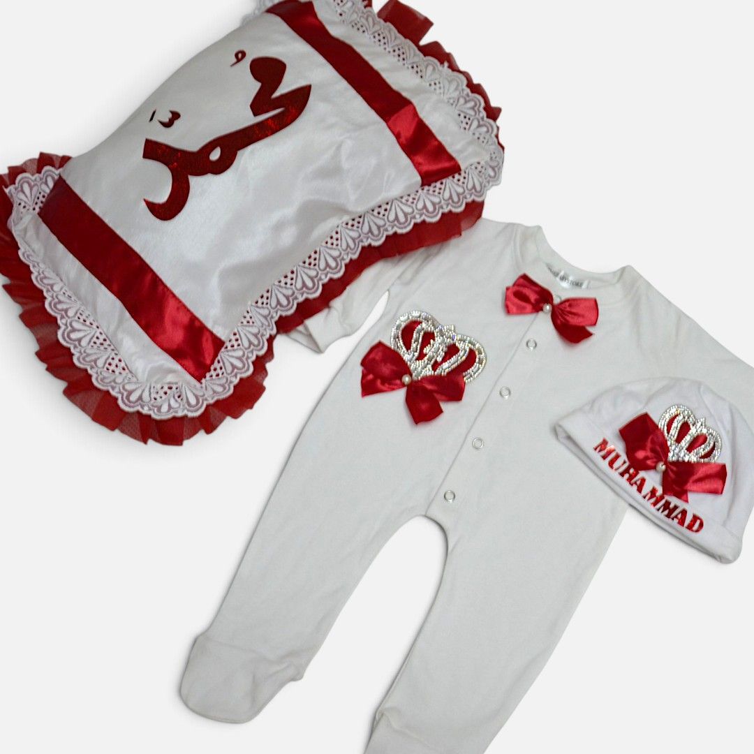Muhammad Baby Romper with Pillow – handmade kids outfit, soft cotton with red trim across all pieces, made to order in Pakistan