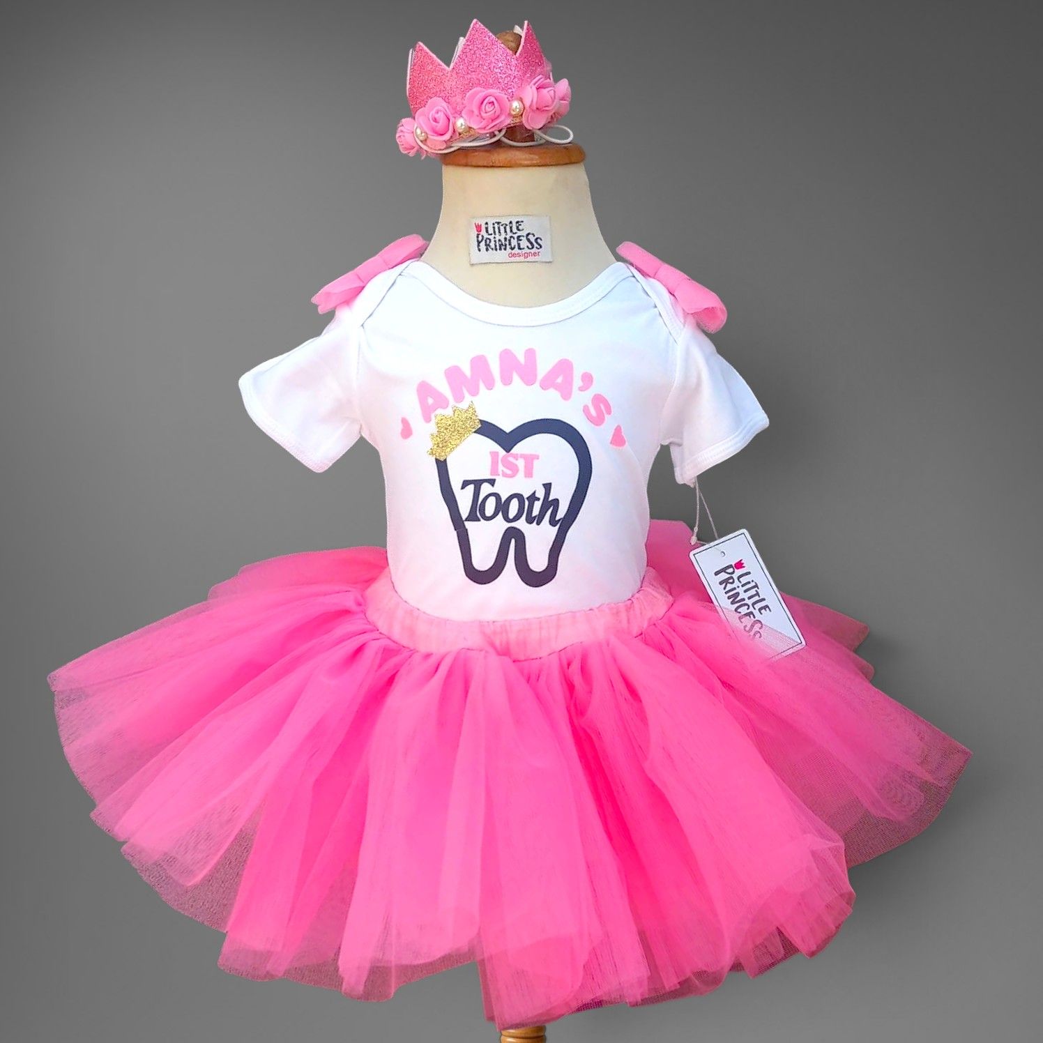 First Tooth Tutu Skirt – handmade girls outfit, cotton shirt with a soft net tutu skirt, made to order in Pakistan
