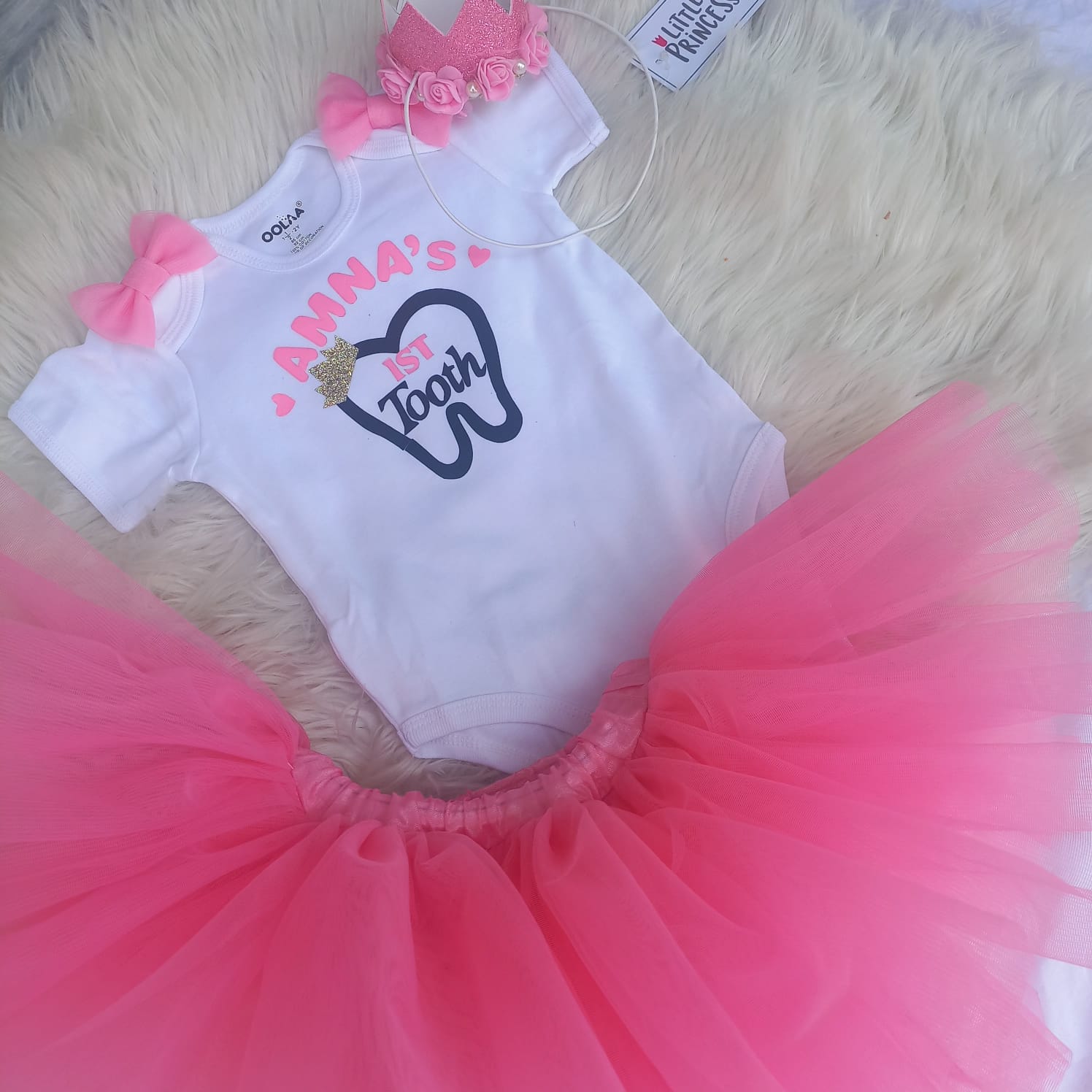 First Tooth Tutu Skirt – handmade girls outfit, cotton shirt with a soft net tutu skirt, made to order in Pakistan