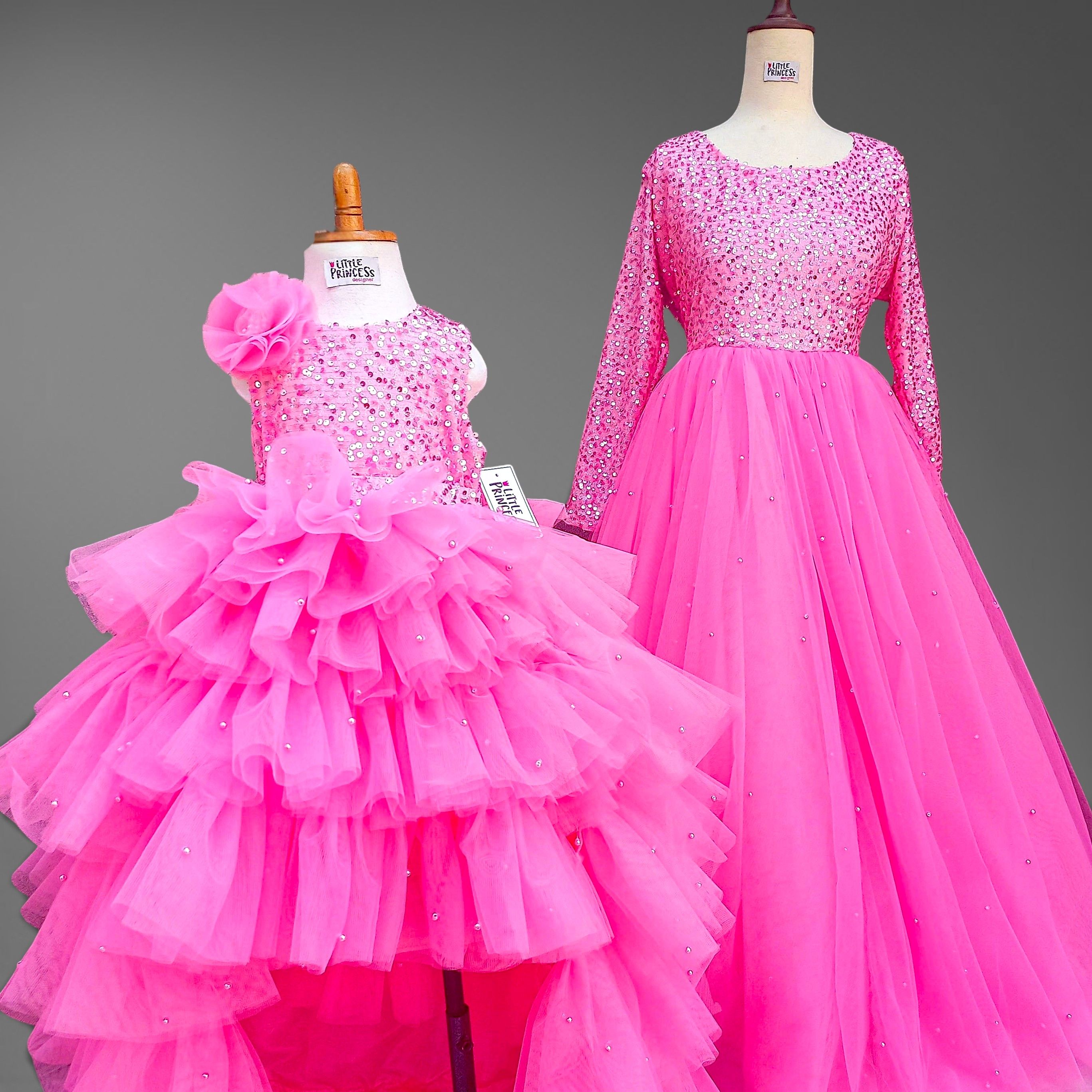 Baby and Mommy Gown Set – handmade girls outfit, sequin body with a flowing net skirt, made to order in Pakistan