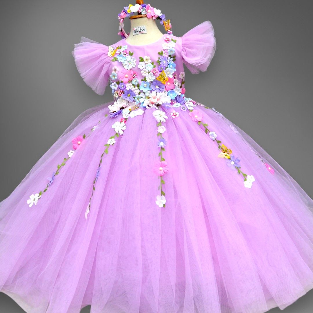 Spring Purple Dress – handmade girls outfit, silk body with a layered net skirt, made to order in Pakistan