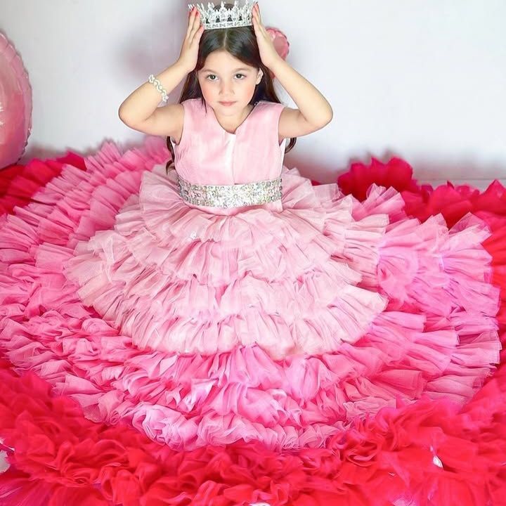 Multi Shade Ruffle Gown – handmade girls outfit, silk body with a layered, multi shade net skirt, made to order in Pakistan