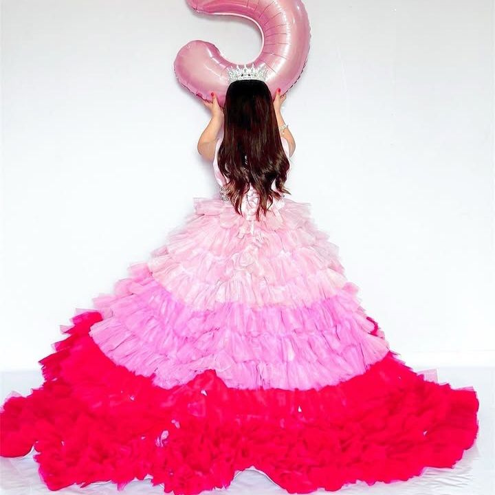 Multi Shade Ruffle Gown – handmade girls outfit, silk body with a layered, multi shade net skirt, made to order in Pakistan