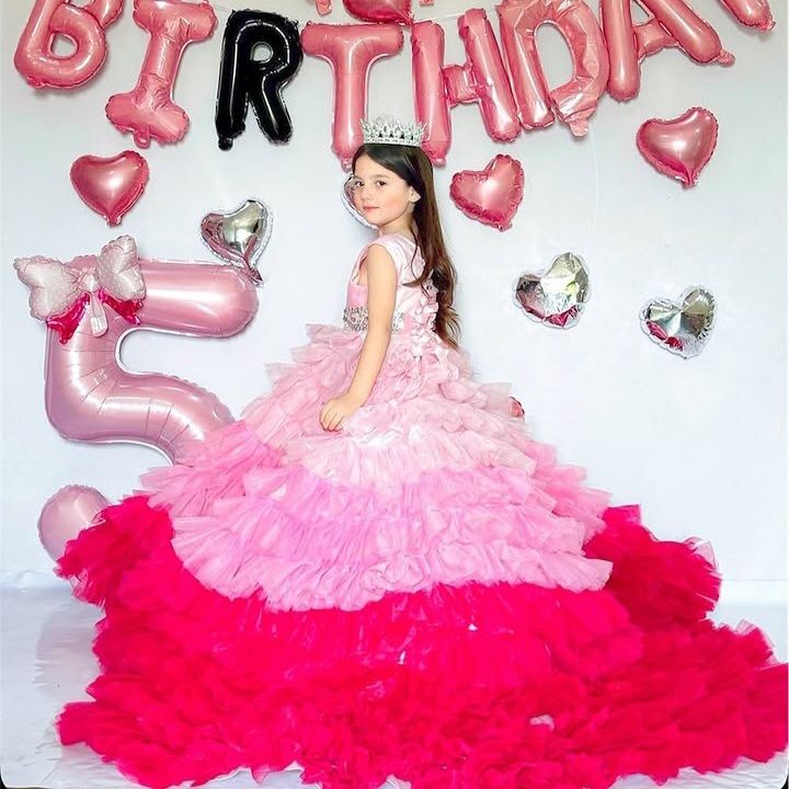 Multi Shade Ruffle Gown – handmade girls outfit, silk body with a layered, multi shade net skirt, made to order in Pakistan