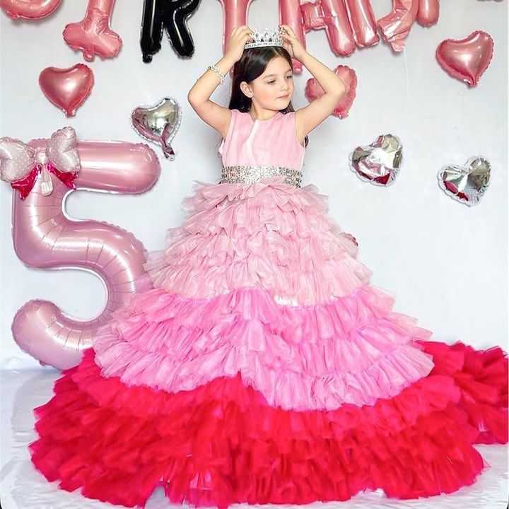 Multi Shade Ruffle Gown – handmade girls outfit, silk body with a layered, multi shade net skirt, made to order in Pakistan
