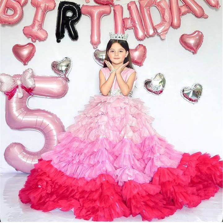 Multi Shade Ruffle Gown – handmade girls outfit, silk body with a layered, multi shade net skirt, made to order in Pakistan