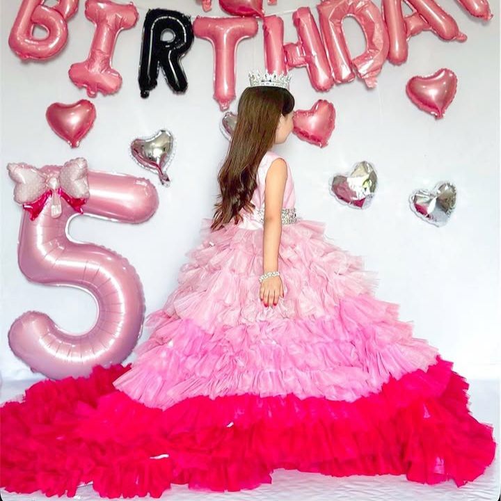 Multi Shade Ruffle Gown – handmade girls outfit, silk body with a layered, multi shade net skirt, made to order in Pakistan