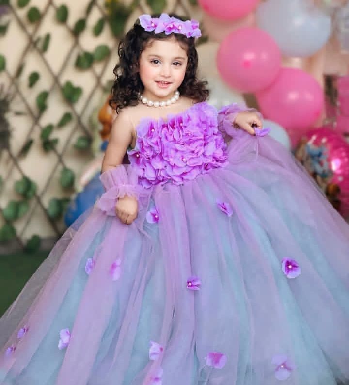 Blue Purple Blend Frock – handmade girls outfit, net dress with a 3D flower bodice, made to order in Pakistan
