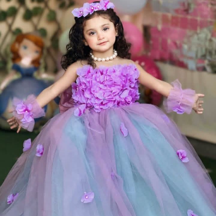 Blue Purple Blend Frock – handmade girls outfit, net dress with a 3D flower bodice, made to order in Pakistan