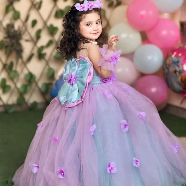 Blue Purple Blend Frock – handmade girls outfit, net dress with a 3D flower bodice, made to order in Pakistan
