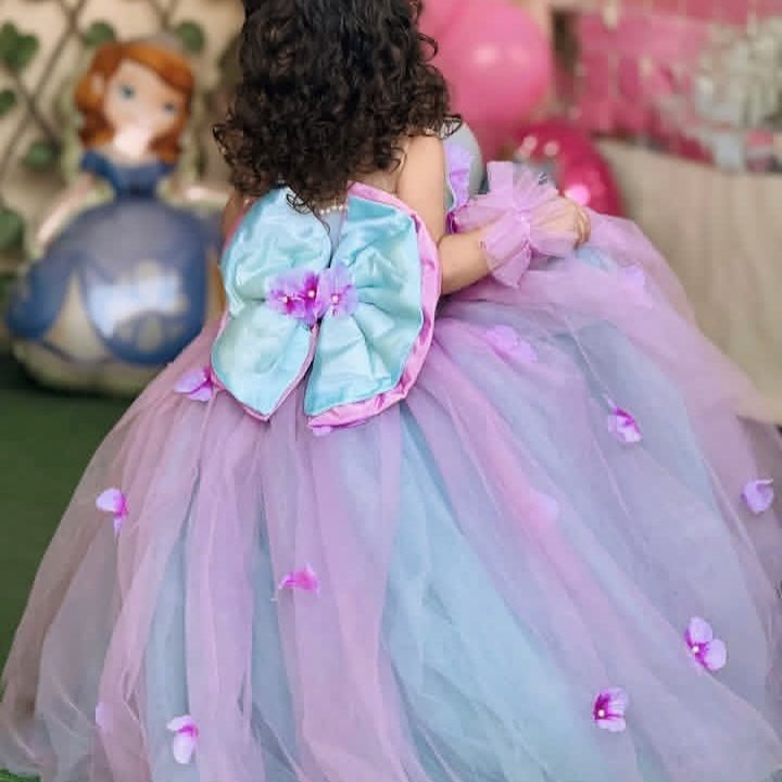 Blue Purple Blend Frock – handmade girls outfit, net dress with a 3D flower bodice, made to order in Pakistan