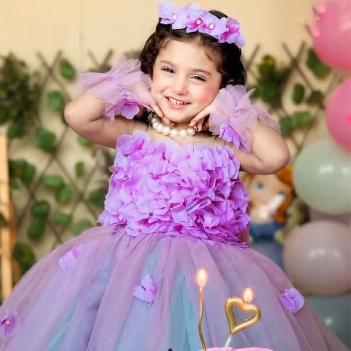 Blue Purple Blend Frock – handmade girls outfit, net dress with a 3D flower bodice, made to order in Pakistan