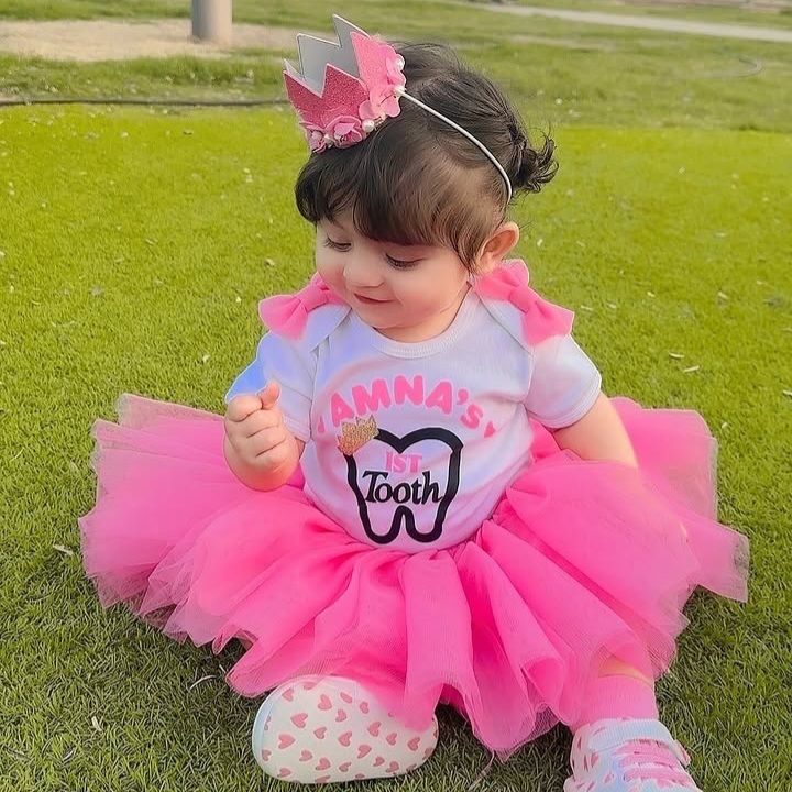 First Tooth Tutu Skirt – handmade girls outfit, cotton shirt with a soft net tutu skirt, made to order in Pakistan