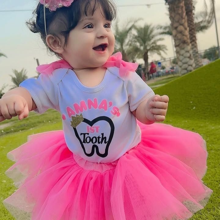 First Tooth Tutu Skirt – handmade girls outfit, cotton shirt with a soft net tutu skirt, made to order in Pakistan