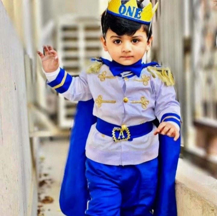 Blue Prince Dress (5 Piece) – handmade boys outfit, uniform shirt with silk trousers and cape, made to order in Pakistan