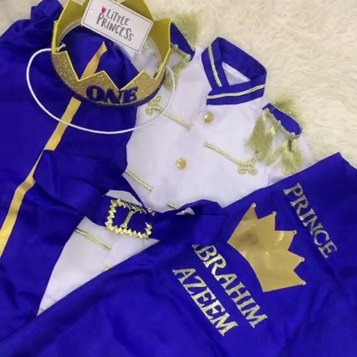 Blue Prince Dress (5 Piece) – handmade boys outfit, uniform shirt with silk trousers and cape, made to order in Pakistan