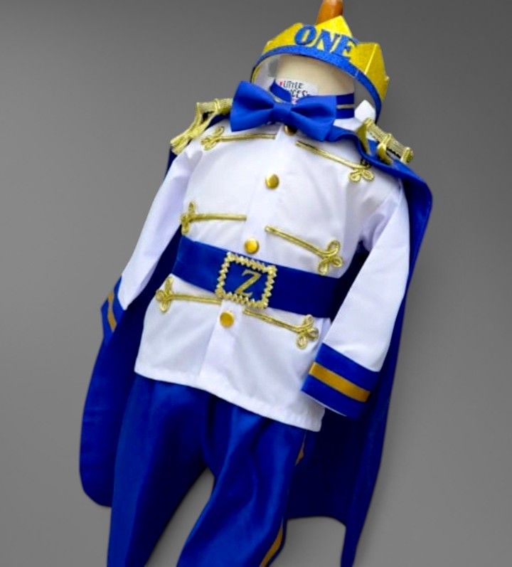 Blue Prince Dress (5 Piece) – handmade boys outfit, uniform shirt with silk trousers and cape, made to order in Pakistan