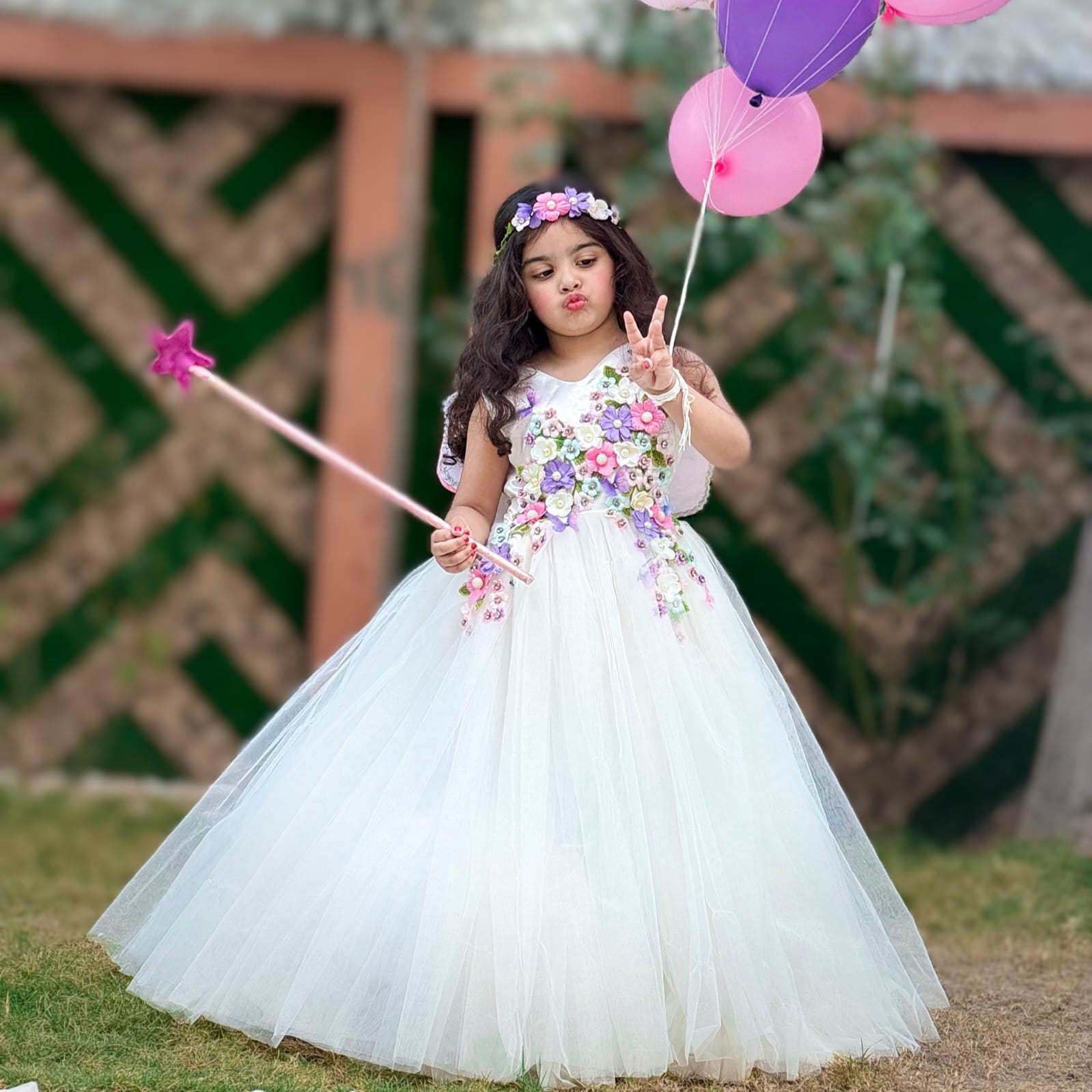 White Fluttering Butterfly Gown – handmade girls outfit, layered net with 3D pastel floral work on upper body, made to order in Pakistan