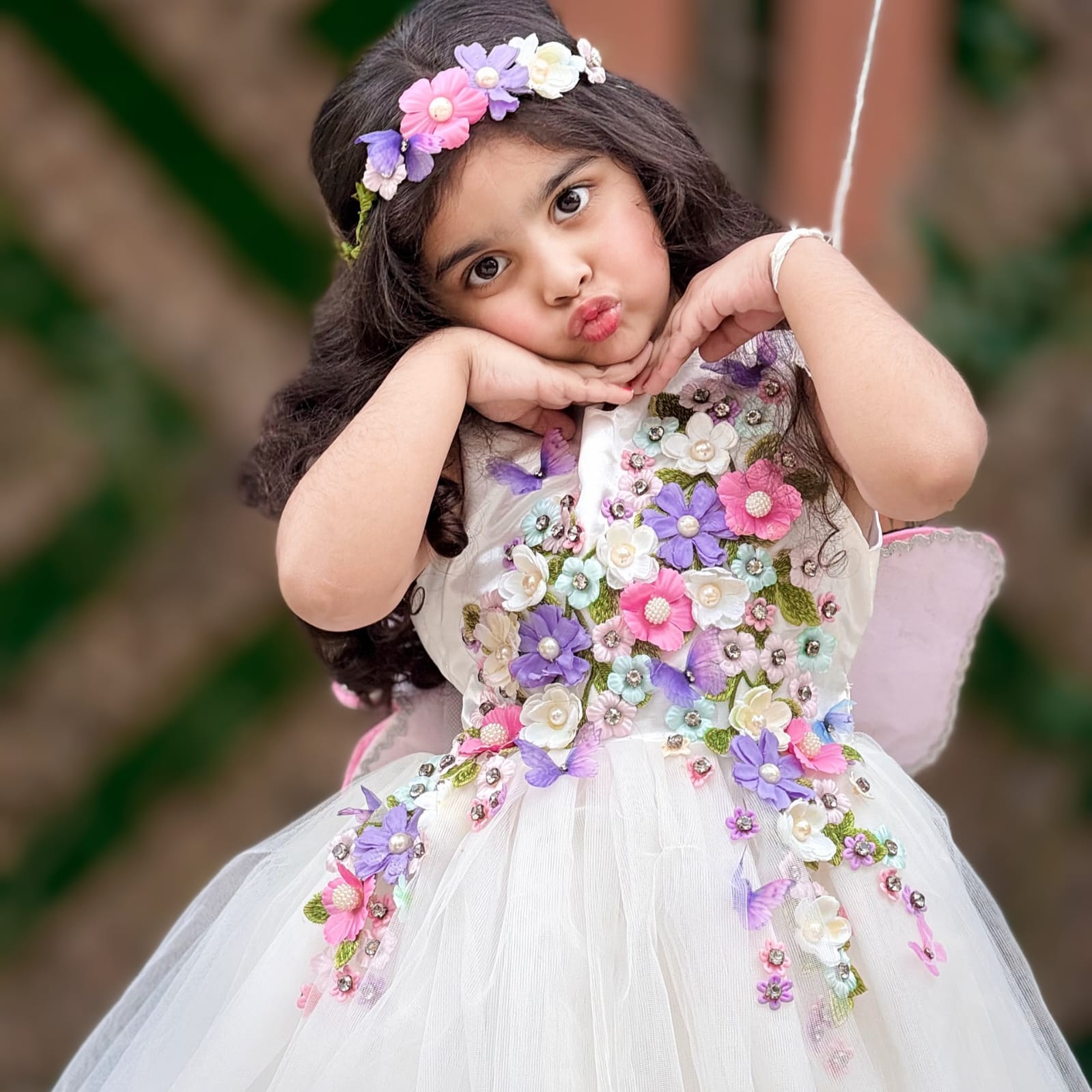White Fluttering Butterfly Gown – handmade girls outfit, layered net with 3D pastel floral work on upper body, made to order in Pakistan