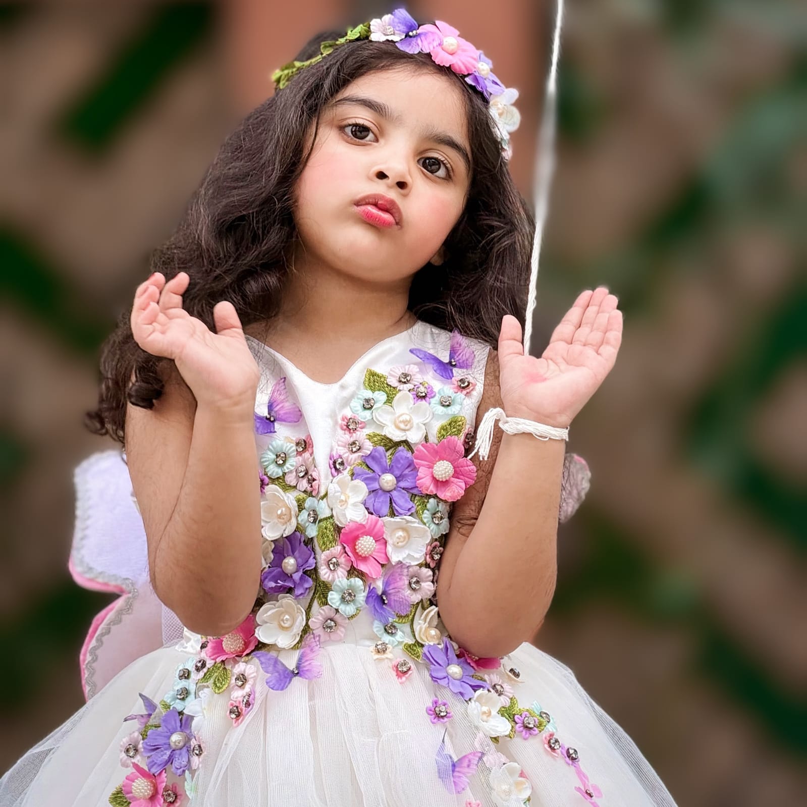 White Fluttering Butterfly Gown – handmade girls outfit, layered net with 3D pastel floral work on upper body, made to order in Pakistan