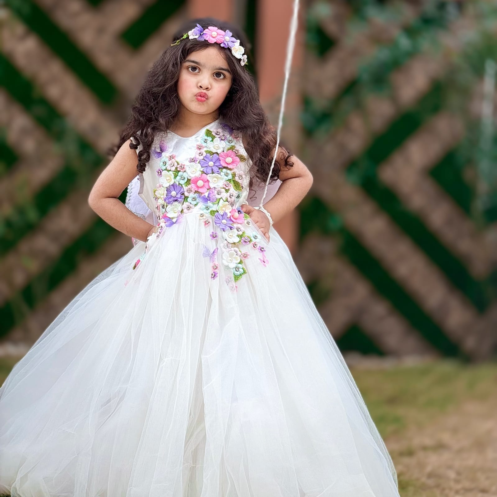 White Fluttering Butterfly Gown – handmade girls outfit, layered net with 3D pastel floral work on upper body, made to order in Pakistan
