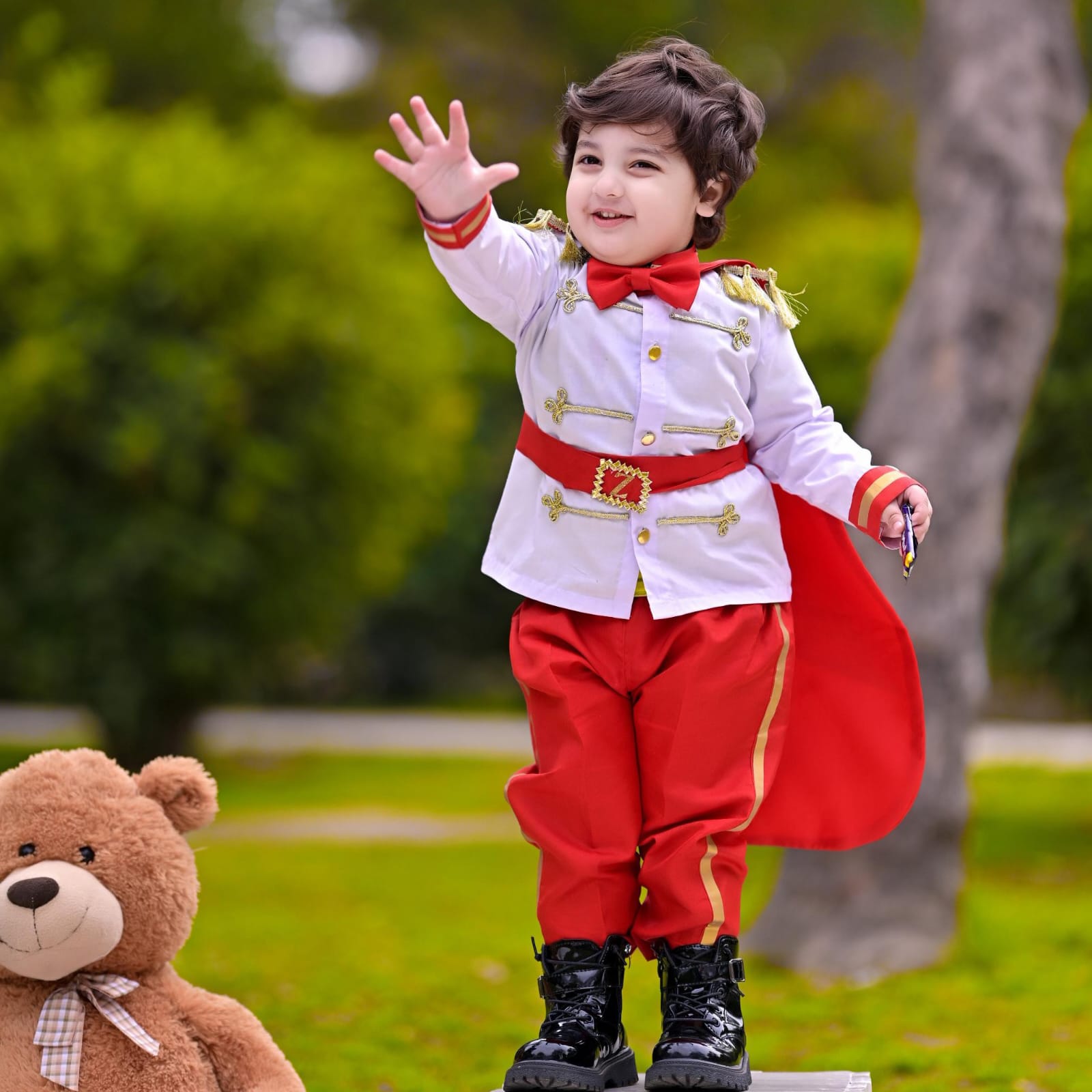 Red Prince Dress (5 Piece) – handmade boys outfit, uniform shirt with silk trousers and cape, made to order in Pakistan