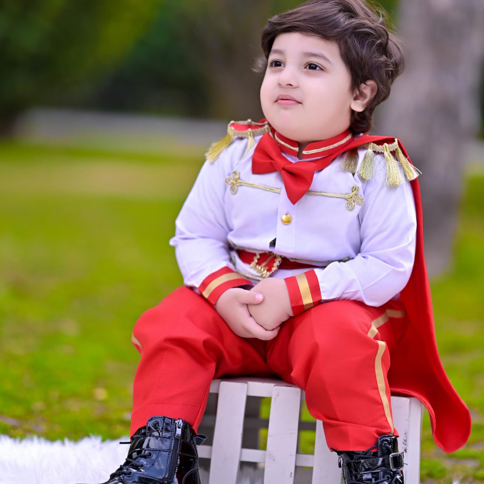 Red Prince Dress (5 Piece) – handmade boys outfit, uniform shirt with silk trousers and cape, made to order in Pakistan
