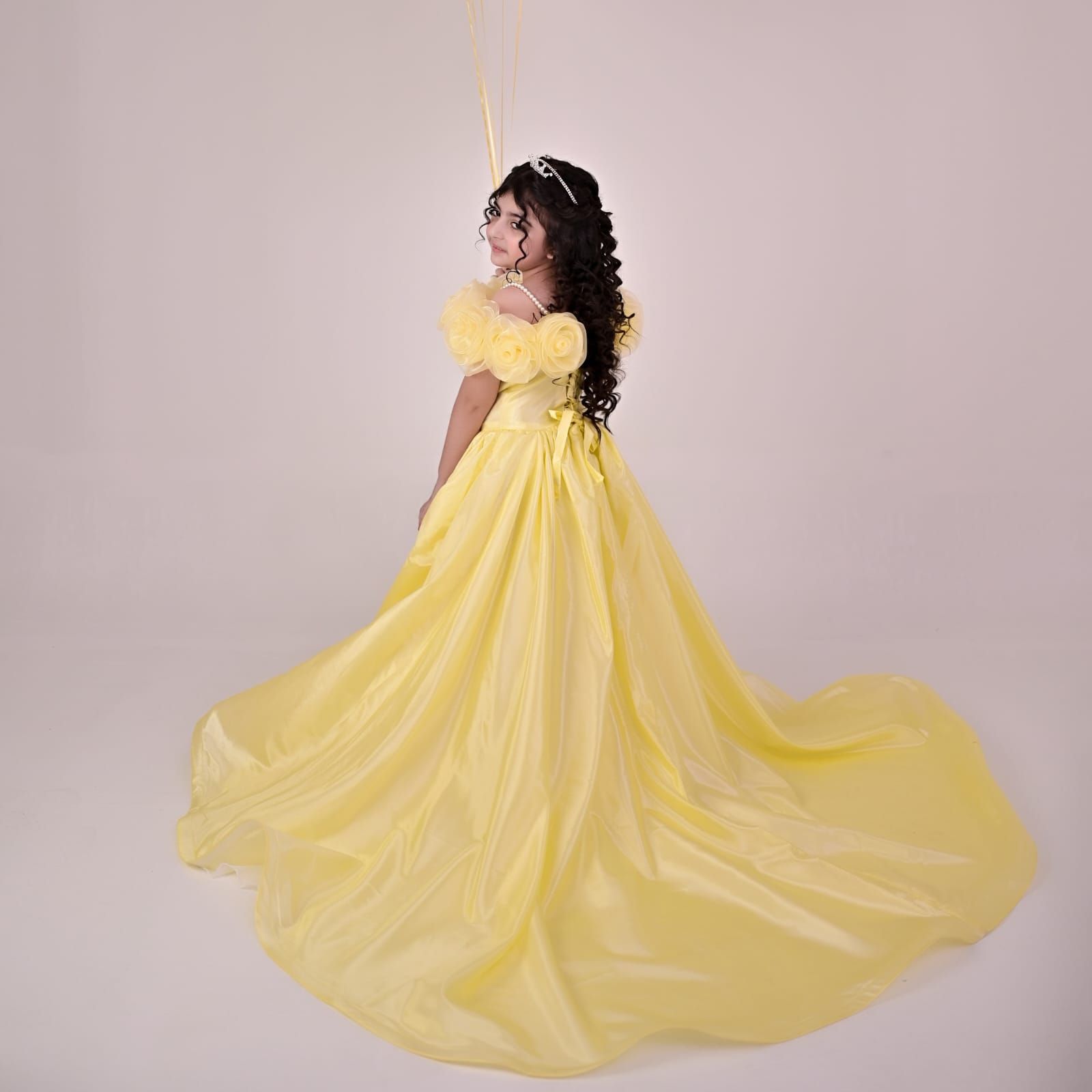 Luxury Butter Yellow Silk Gown – handmade girls outfit, silk gown throughout, with a long train, made to order in Pakistan