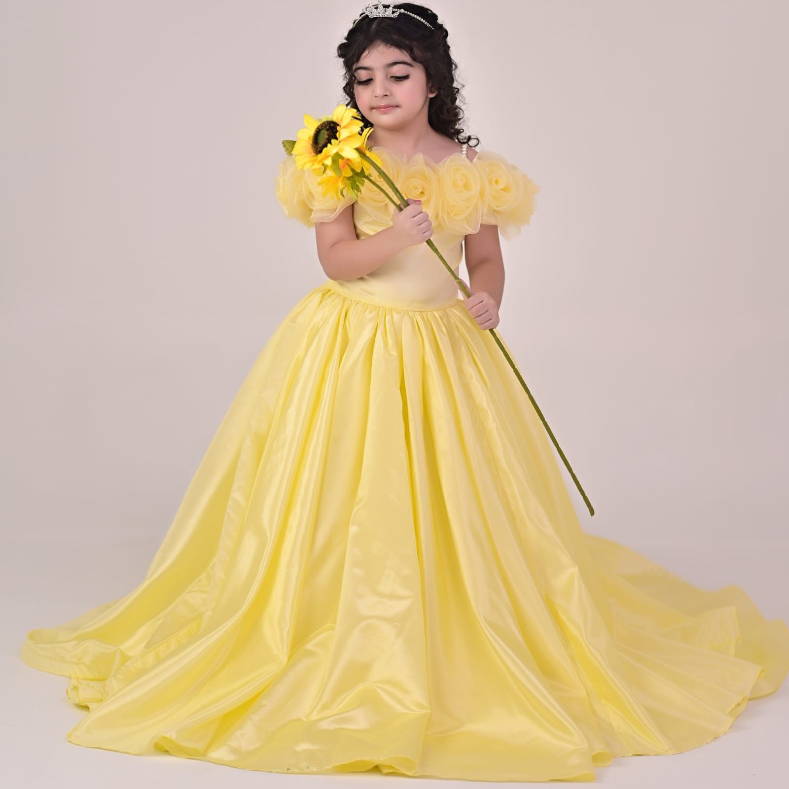Luxury Butter Yellow Silk Gown – handmade girls outfit, silk gown throughout, with a long train, made to order in Pakistan