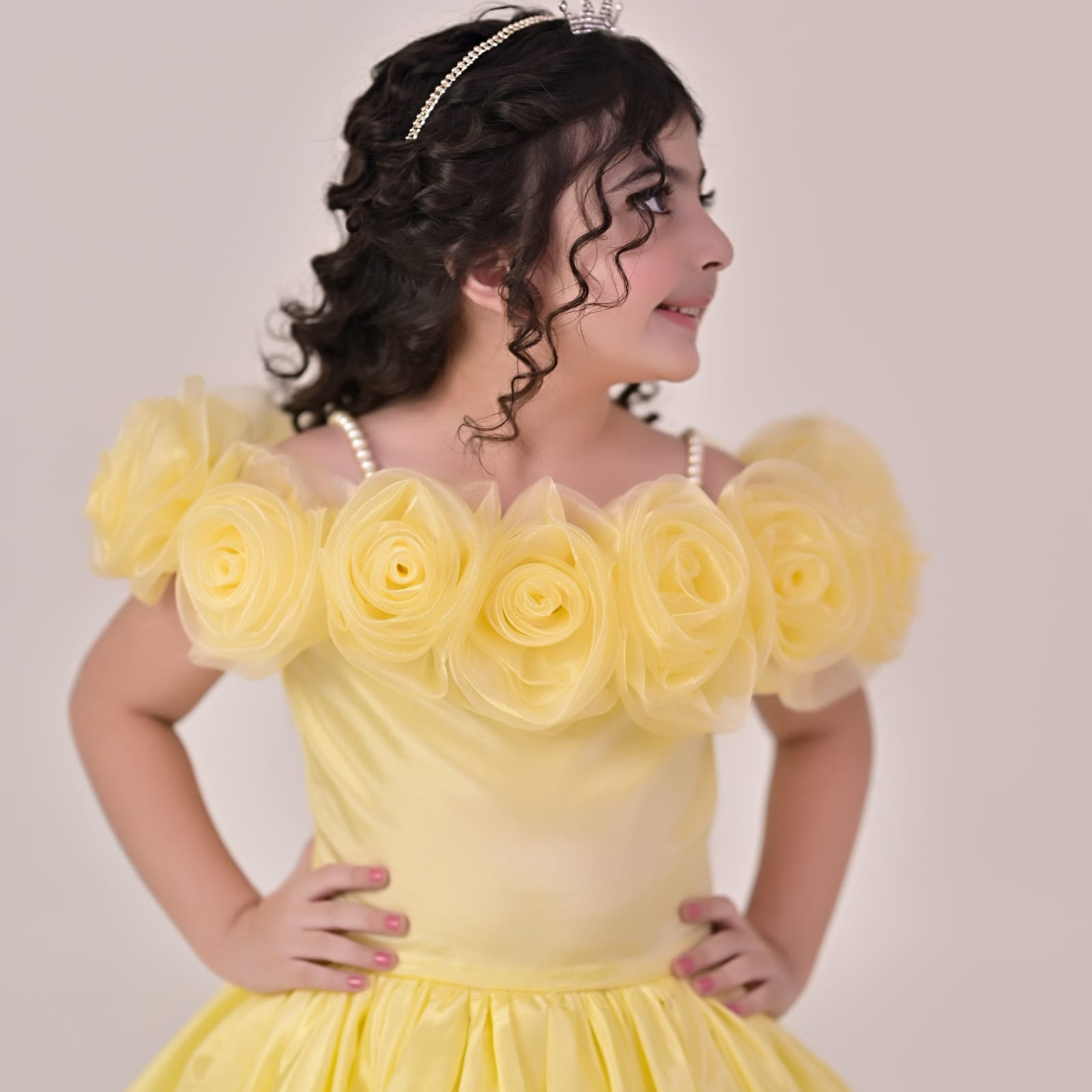 Luxury Butter Yellow Silk Gown – handmade girls outfit, silk gown throughout, with a long train, made to order in Pakistan